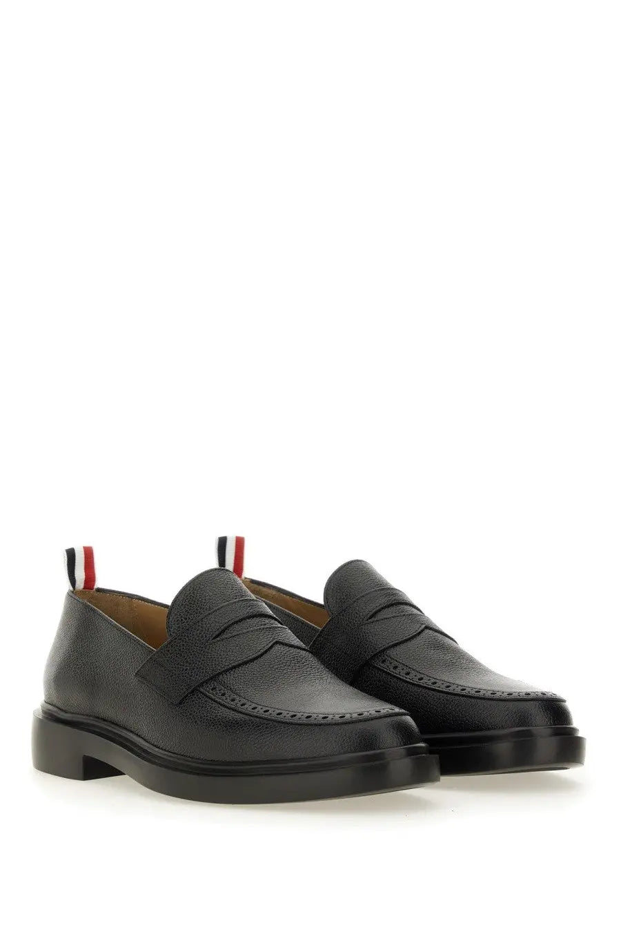 Thom Browne men’s moccasin penny black black leather loafers with brogue detailing and red white blue heel tab