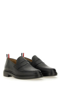 Thom Browne men’s moccasin penny black black leather loafers with brogue detailing and red white blue heel tab