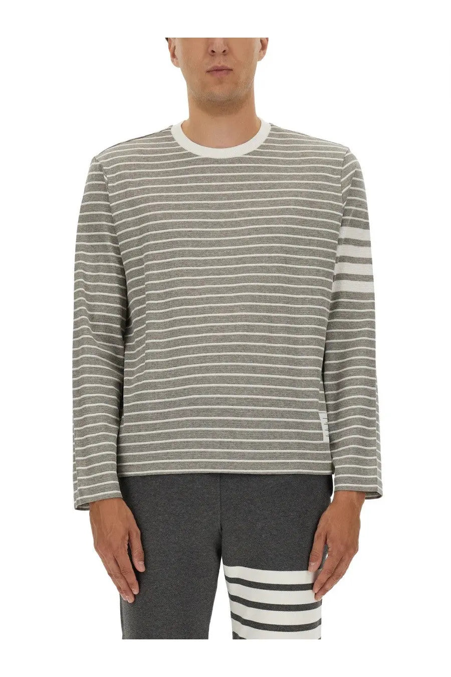 Thom browne men’s striped shirt grey long-sleeve crewneck sweater with gray and white stripes and subtle textured knit