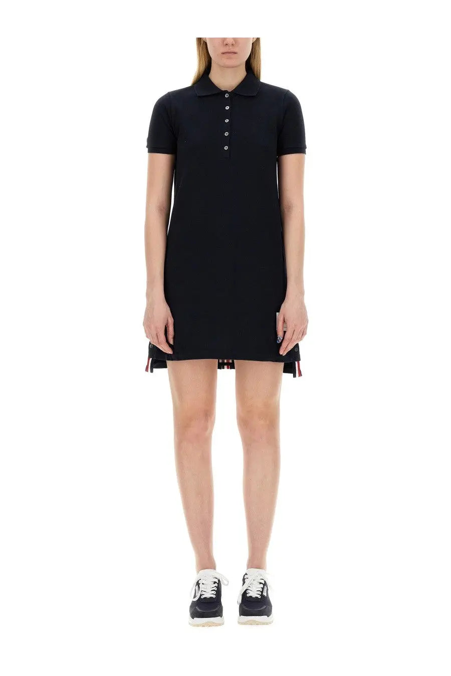 Thom Browne women’s black cotton pique polo shirt dress with short sleeves buttoned collar and striped hem trim