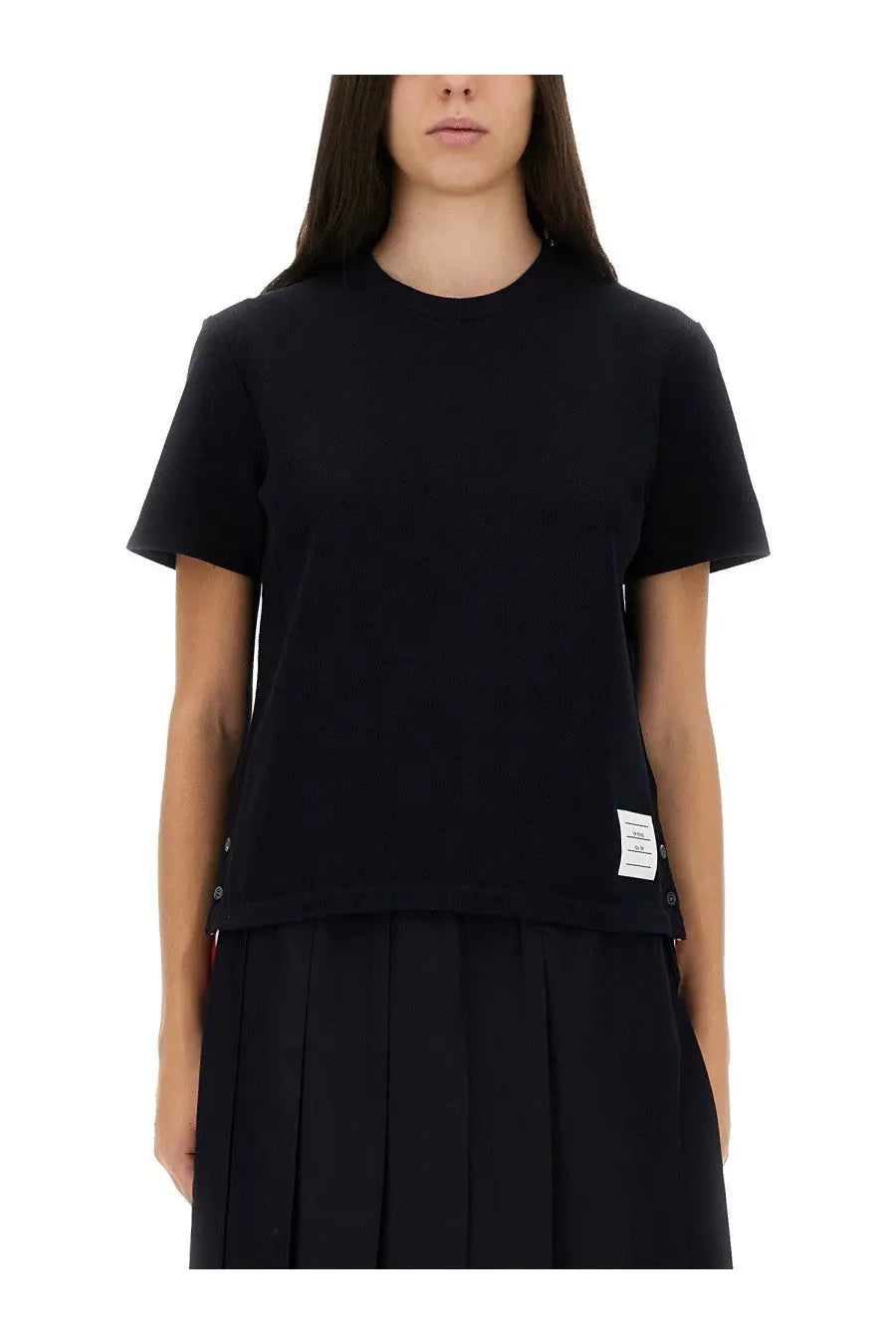 Thom Browne women’s black short-sleeved crew neck t-shirt with subtle side seam button detailing