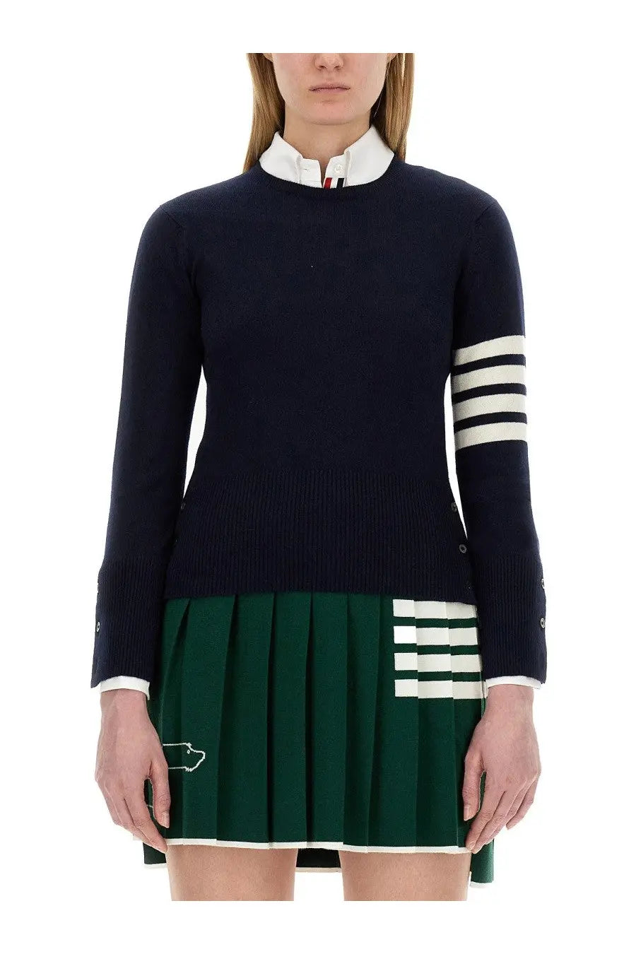Thom Browne women’s navy blue knit sweater with white striped sleeves hem and classic collar with buttoned cuffs