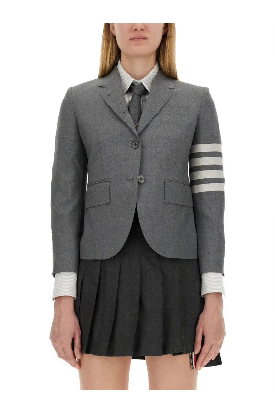 Thom Browne women’s grey single breasted blazer with three white sleeve stripes and button closure