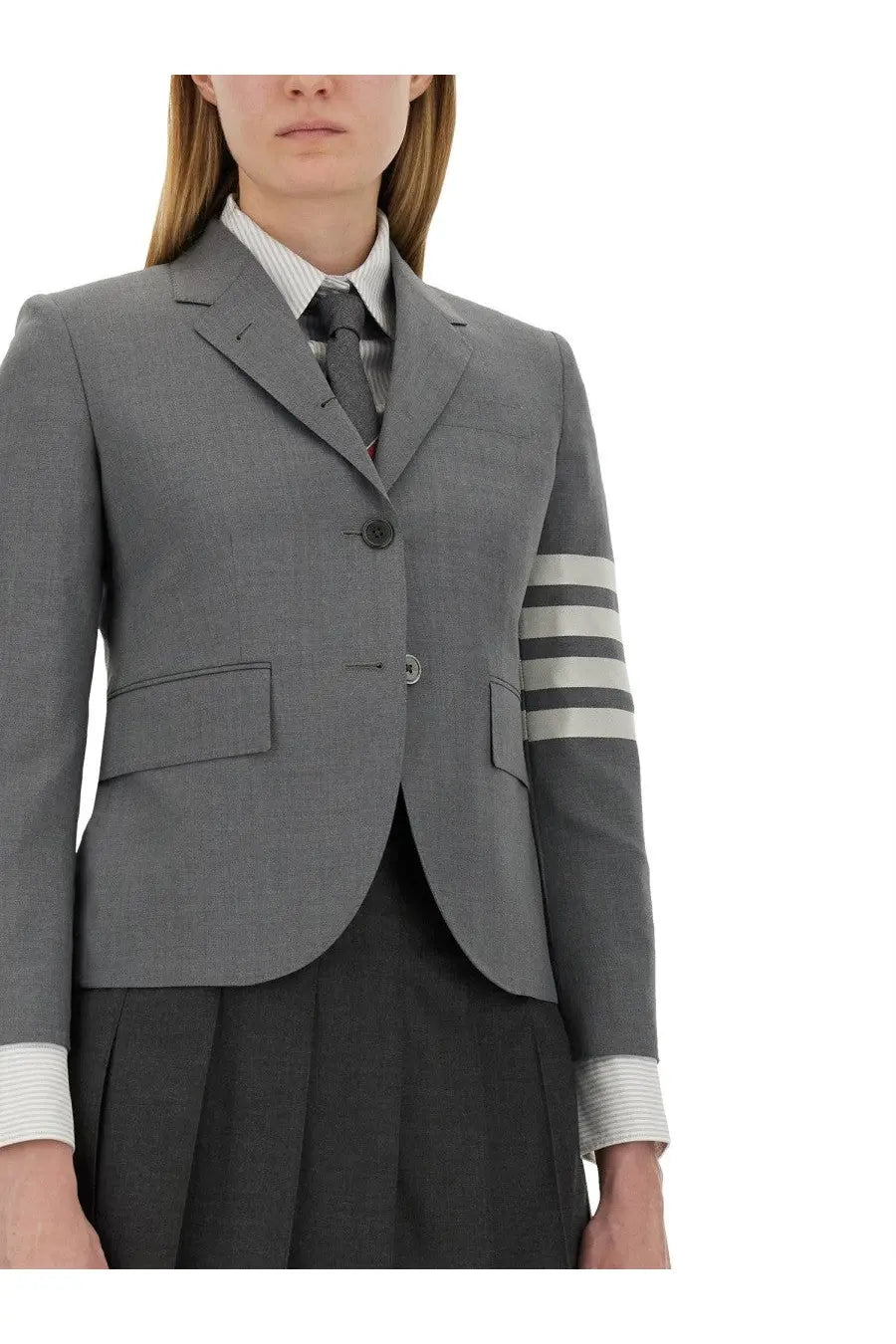 Thom Browne women’s single breasted grey tweed blazer with three horizontal white stripes on sleeve and matching cuffs