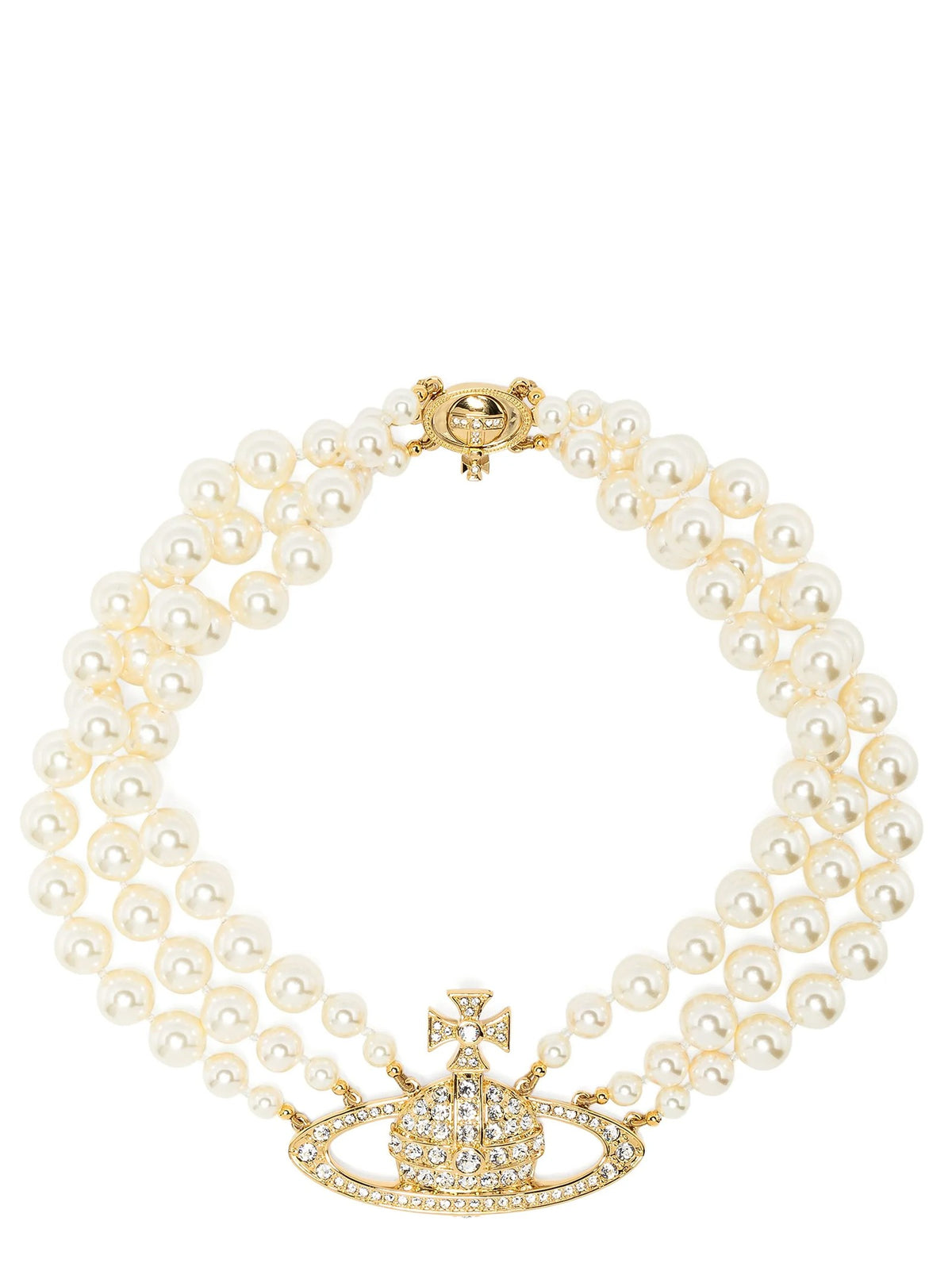 Vivienne Westwood Three Row Pearl Bas Relief Choker Gold