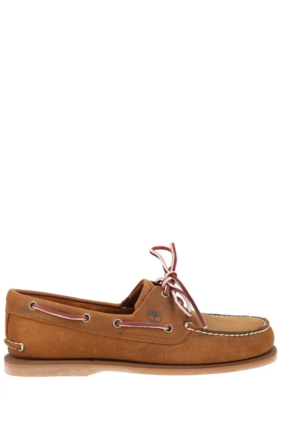 Timberland men’s moccasin classic boat brown shoe in tan leather with reddish brown laces and contrasting stitching