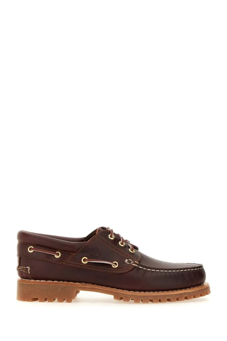 Timberland men’s authentic boat moccasin in brown leather with gold-toned eyelets and tan rubber sole