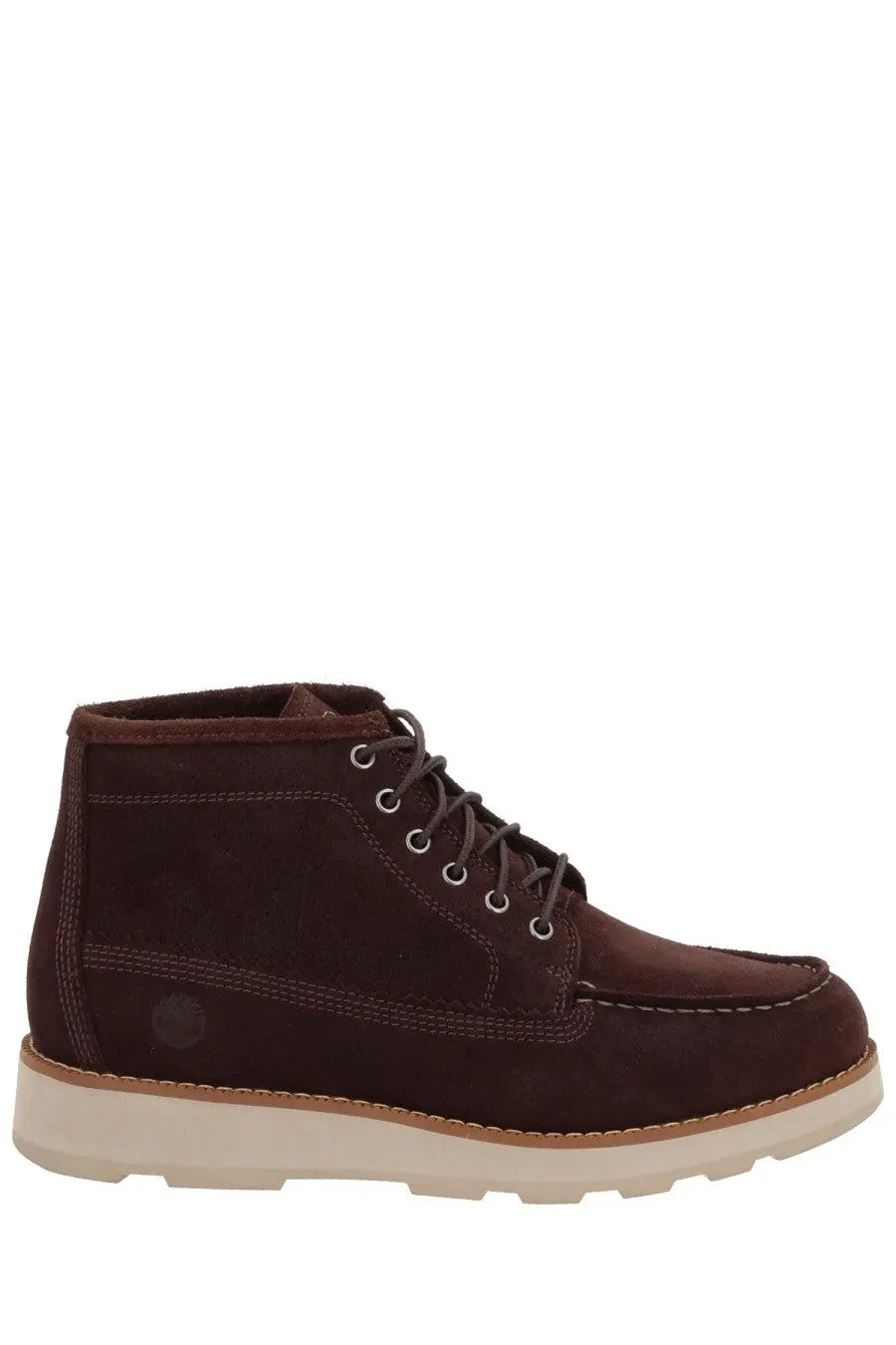 Timberland men’s waterproof chukka boot in dark brown suede with white rubber sole and silver eyelets visible from the side