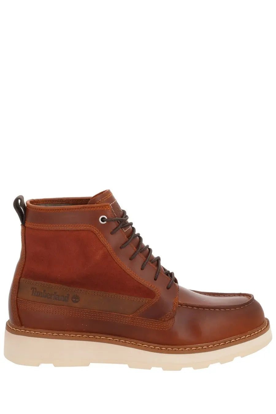 Timberland men’s waterproof brown leather high-top boot with tan suede panel and cream rubber sole