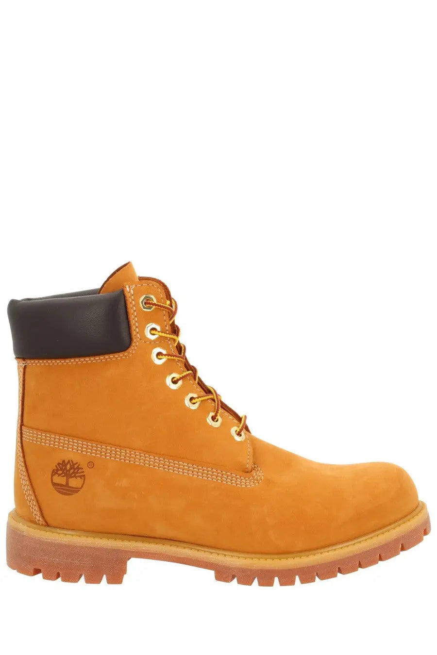 Timberland men’s waterproof suede 6-inch boot in tan with black collar and gold-toned laces for outdoor use