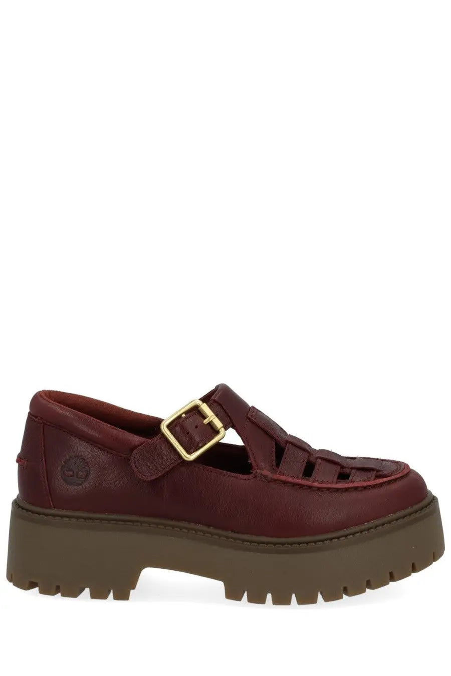 Timberland women’s loafer in maroon leather platform moccasin with gold-tone buckle and woven strap detail
