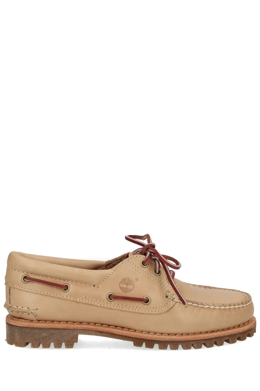 Timberland women’s shoe noreen beige tan leather boat shoe with brown laces and rugged rubber sole