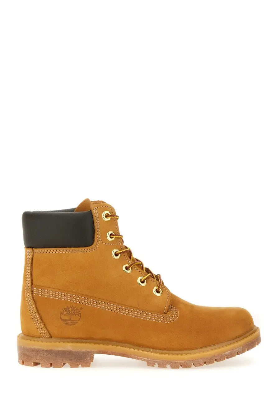 Tan timberland 6-inch waterproof women’s lace-up boot with black collar and gold-tone eyelets in yellow