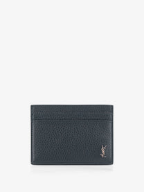 Saint Laurent Men's Tiny Cassandre Textured Leather Card Holder Blue