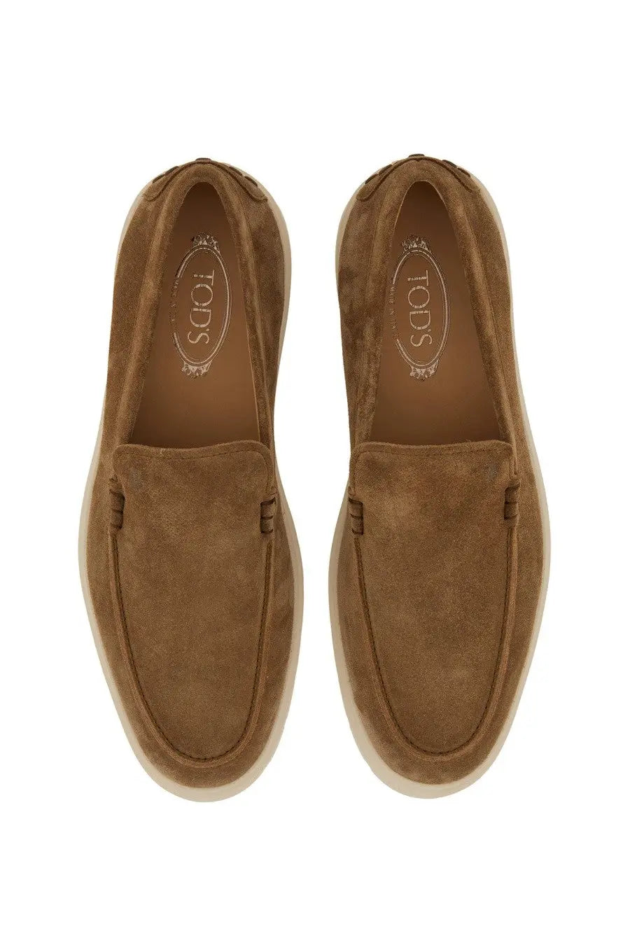 Tod’s men’s leather slipper loafer in brown suede with a light beige rubber sole for casual comfort