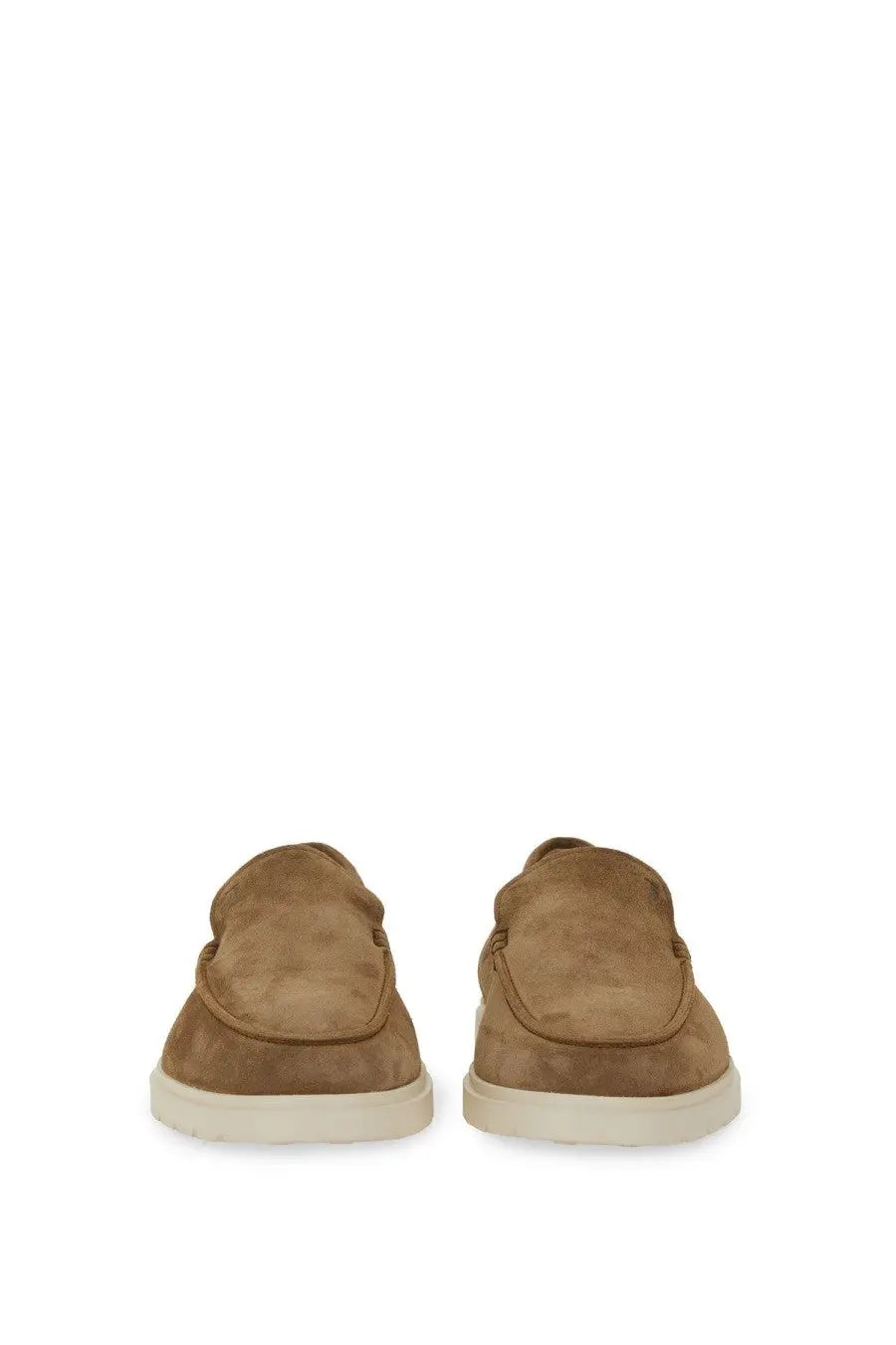 Tods men’s leather slipper loafer in brown tan suede with a minimalist design and white rubber soles