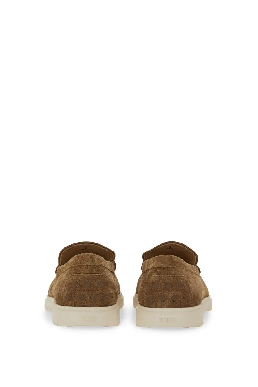 Tod’s men’s brown leather slipper loafer in tan suede with subtle embossed logo on heel and white rubber soles back view