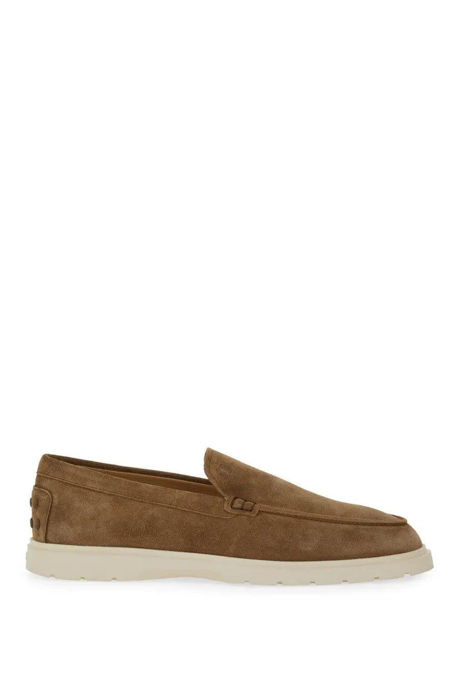 Tan suede Tods men’s leather slipper loafer in brown with white rubber sole and signature brand detail on the heel back view