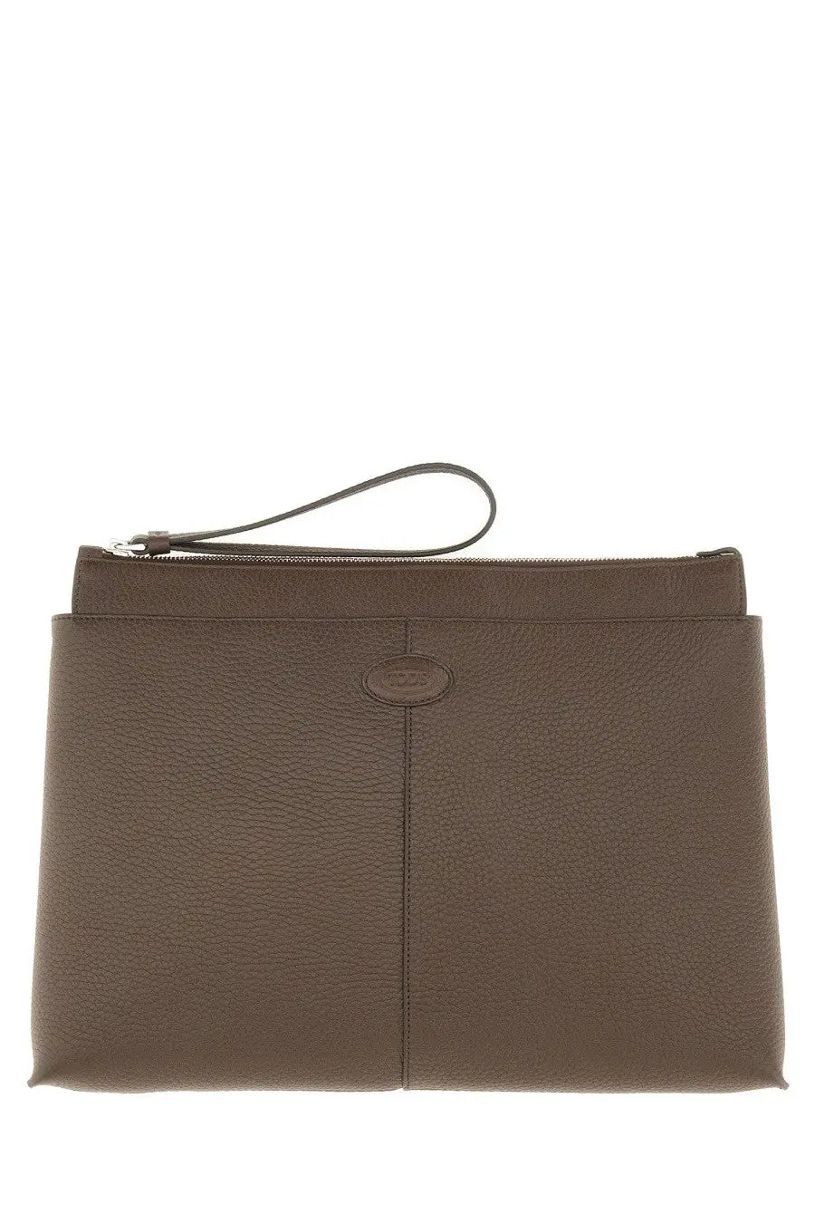 Tod’s men’s medium document holder brown textured leather clutch with wrist strap and silver-toned zipper