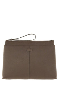 Tod’s men’s medium document holder brown textured leather clutch with wrist strap and silver-toned zipper