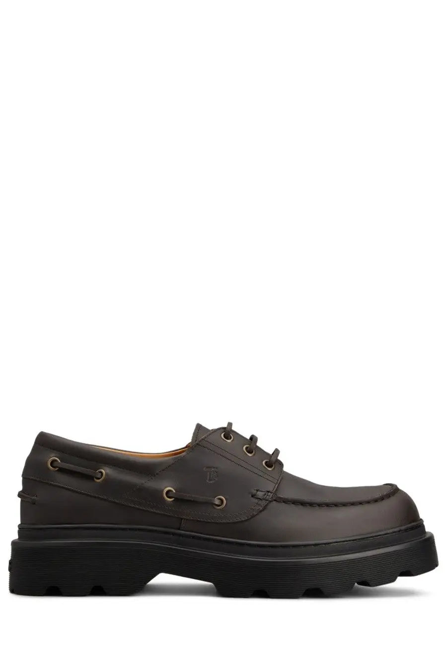Tod’s men’s mocassino da barca brown dark brown leather boat shoe with chunky black rubber sole and metallic eyelets