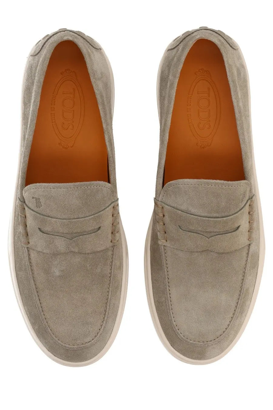 Tod’s men’s moccasin cassette beige gray suede loafers with classic moccasin design and white rubber soles