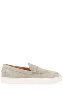 Tod’s men’s moccasin cassette beige light gray suede loafer with white rubber sole and tan interior lining