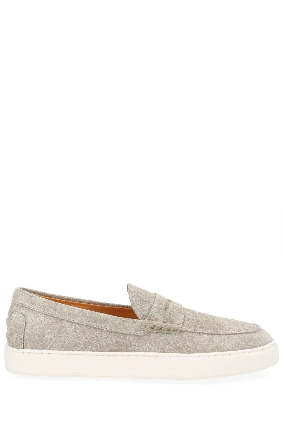Tods men’s moccasin cassette beige light gray suede loafer with white rubber sole and tan interior lining