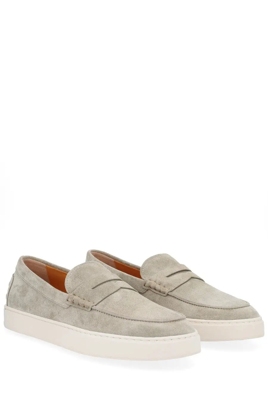 Tod’s men’s moccasin cassette beige suede loafers with classic penny loafer design and white rubber soles