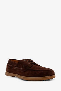 Tod’s men’s suede loafers brown featuring brown suede boat shoe with tan rubber sole and matching laces