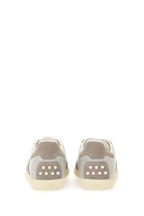 Tod’s men’s tabs sneaker beige in gray suede and leather with cream rubber sole and white stud heel detailing