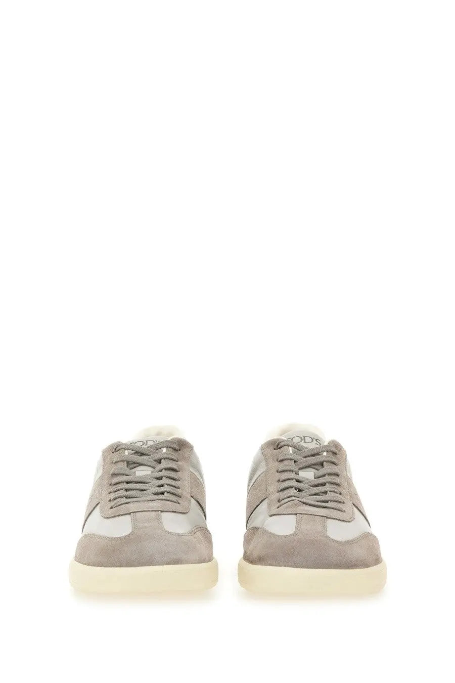 Tod’s men’s tabs sneaker beige low-top in gray suede and white leather with a cream rubber sole