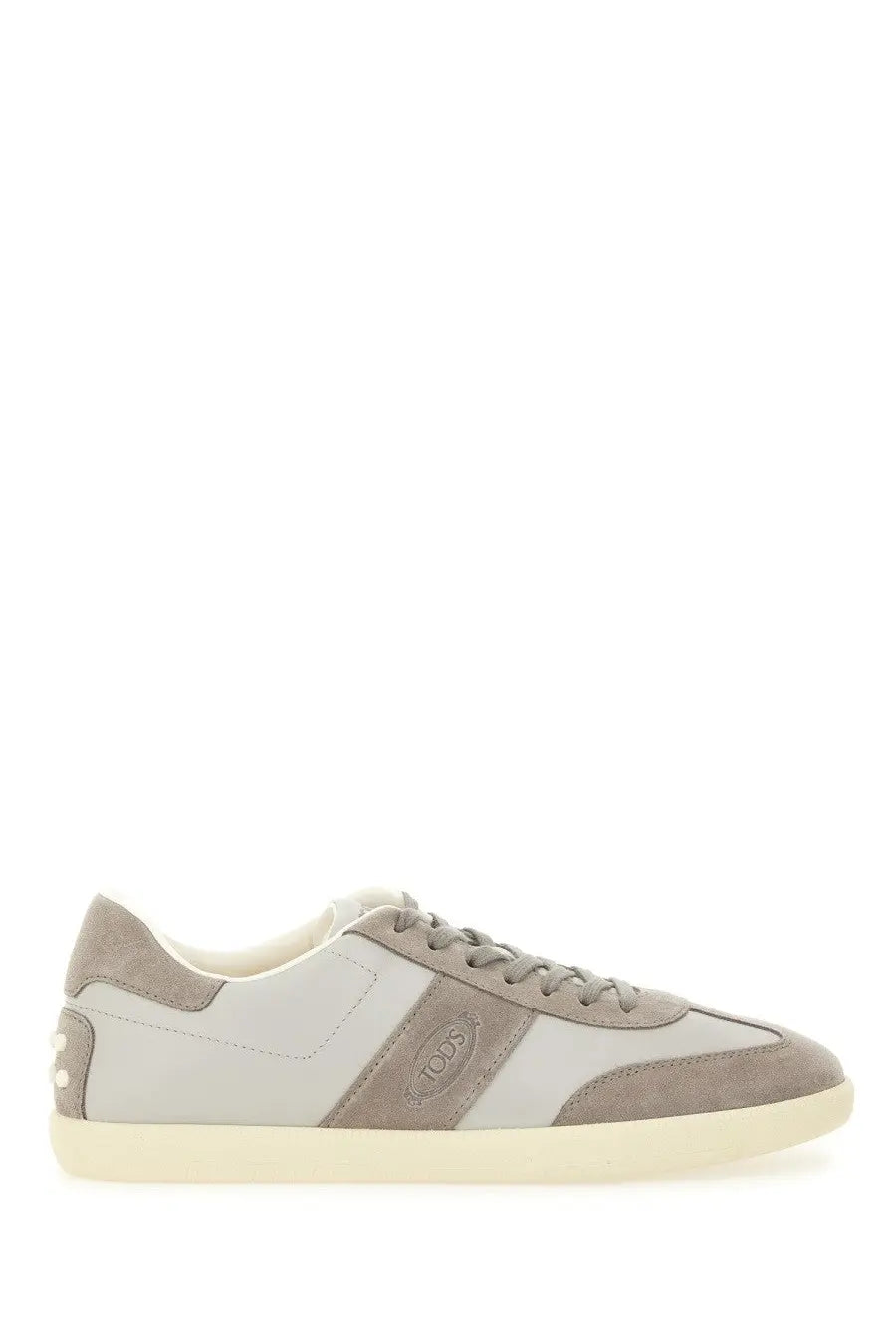 Tod’s men’s tabs sneaker in two-tone gray suede and leather with a cream rubber sole and beige accents