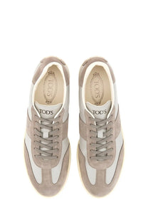 Tod’s men’s tabs sneaker beige low-top sneaker in beige suede and white leather with matching laces