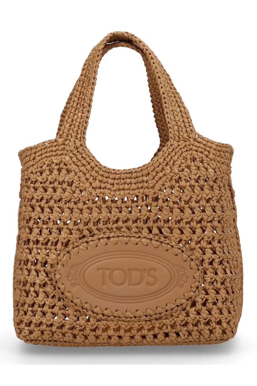 Tod’s women’s borsa shopping mini con beige tan woven tote bag with braided texture and embossed Tod’s logo plaque