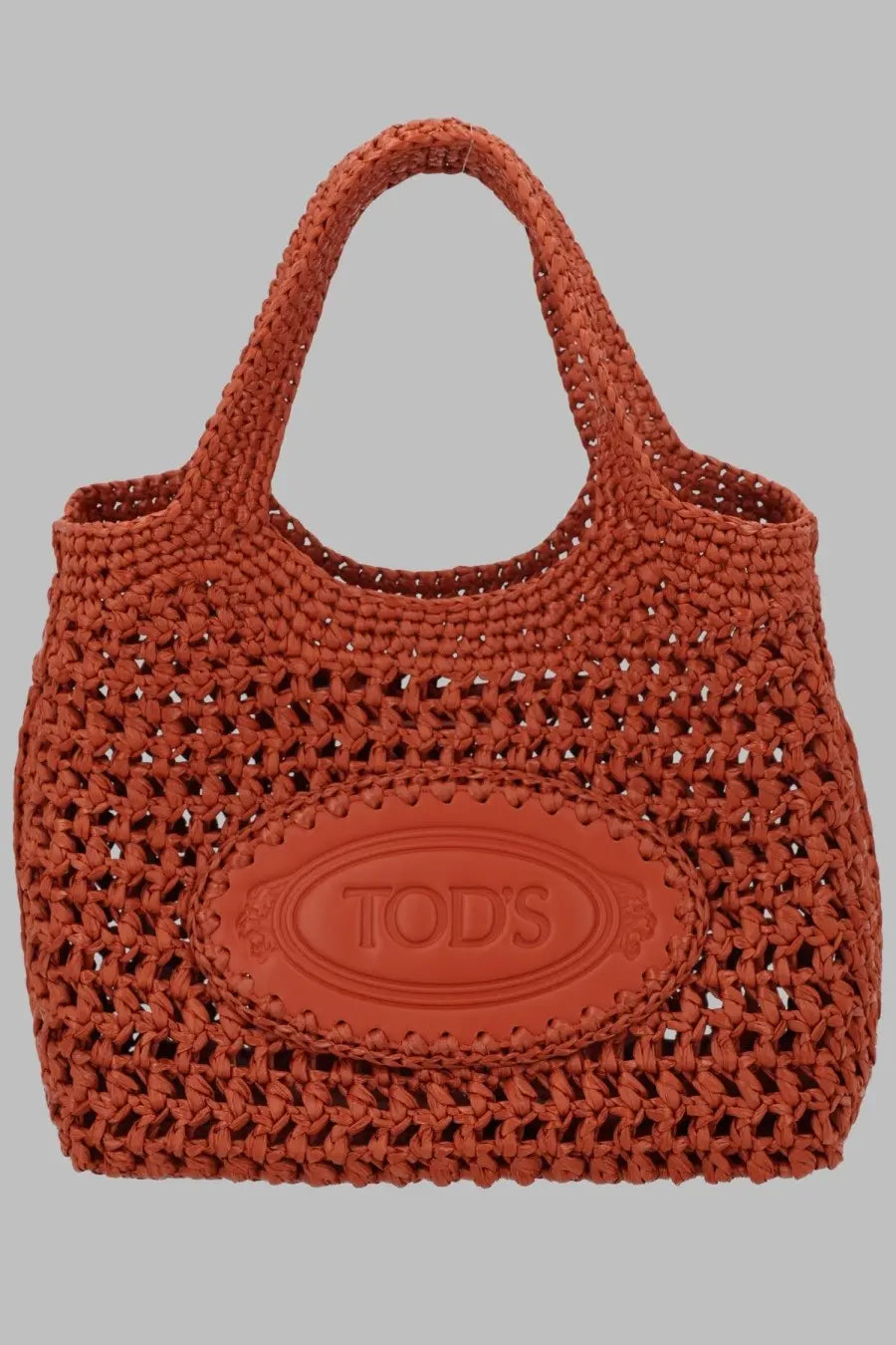 Tods womens borsa shopping mini con brown terracotta woven straw tote bag with embossed oval logo plaque