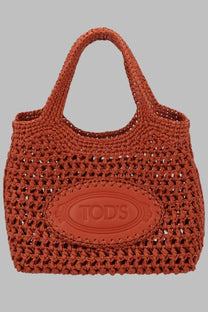 Tods womens borsa shopping mini con brown terracotta woven straw tote bag with embossed oval logo plaque