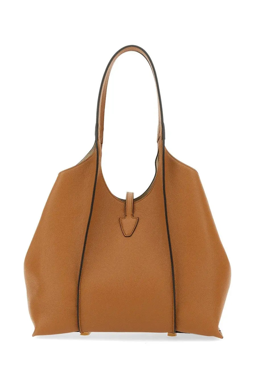Tod’s women’s borsa tote timeless beige tan leather bag with black stitching and triangular flap closure
