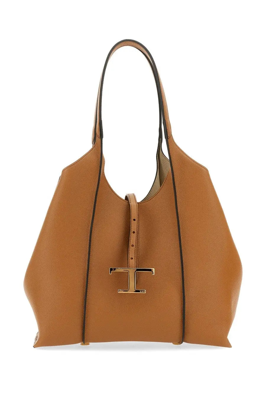 Tod’s women’s borsa tote timeless beige tan leather bag with gold-tone t logo clasp and black trim