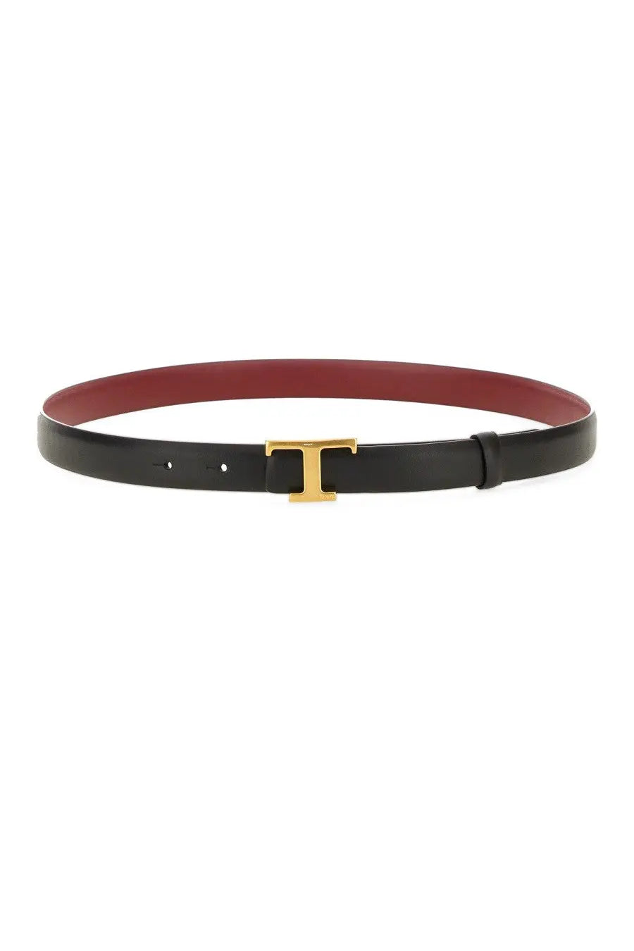 Tod’s women’s cintura reversibile timeless black leather belt with gold tone t buckle and burgundy inner lining