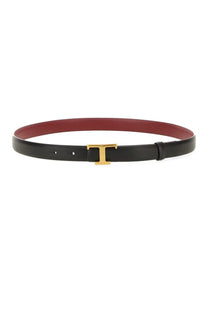 Tod’s women’s cintura reversibile timeless black leather belt with gold tone t buckle and burgundy inner lining