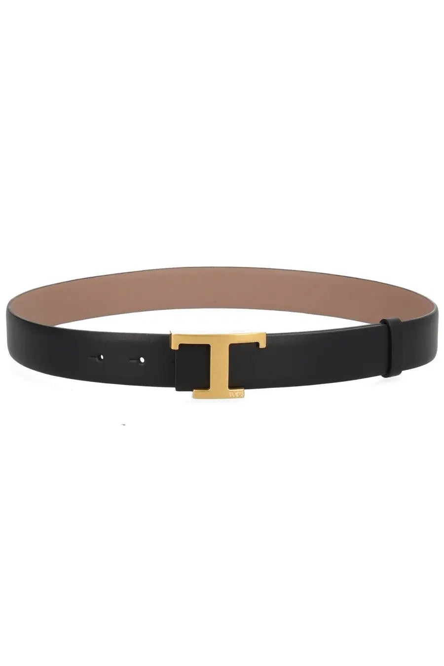 Tod’s women’s cinturta timeless reversibile black leather belt with gold-tone t-shaped buckle front view
