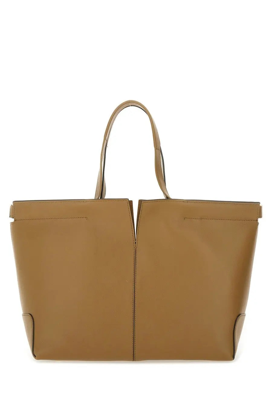 Tan leather tote bag with structured design and dual top handles from tods womens di bag folio medium small brown