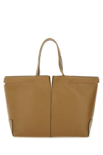 Tan leather tote bag with structured design and dual top handles from tods womens di bag folio medium small brown