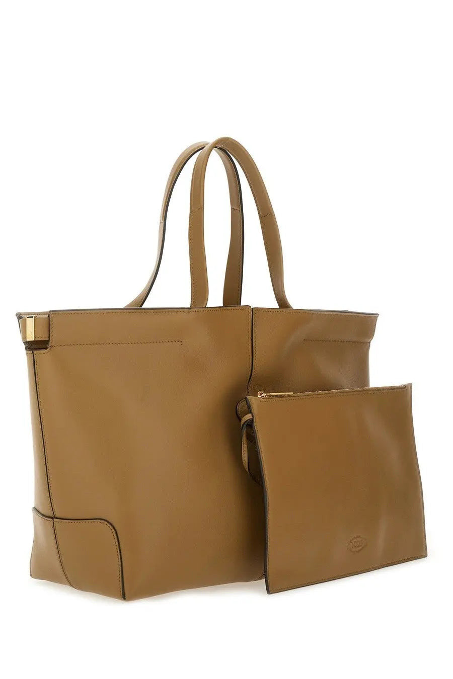 Tod’s women’s di bag folio medium small tan leather tote bag with gold-tone hardware and matching zippered pouch