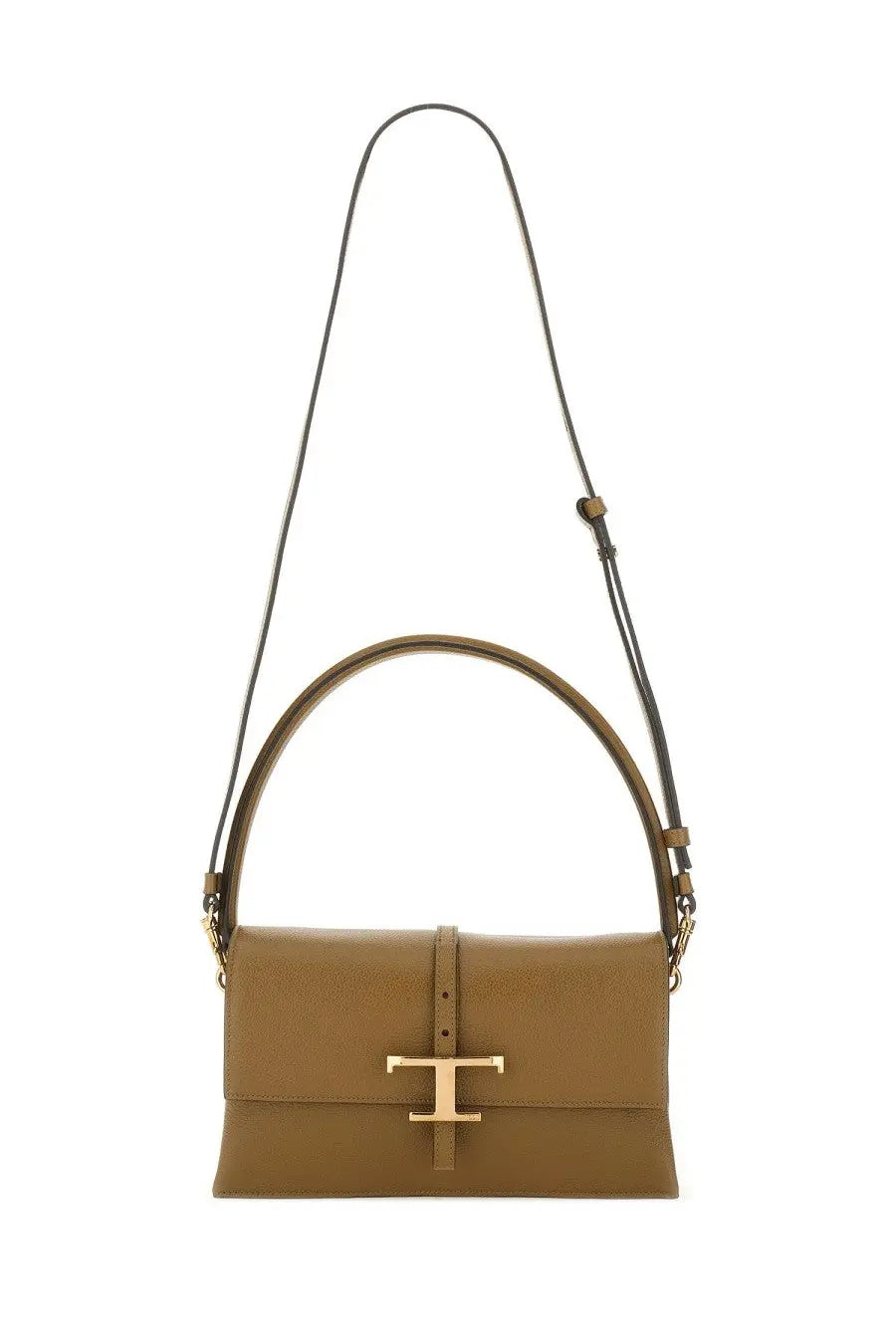 Tod’s women’s flap bag timeless brown tan leather handbag with gold-tone t clasp and matching top handle