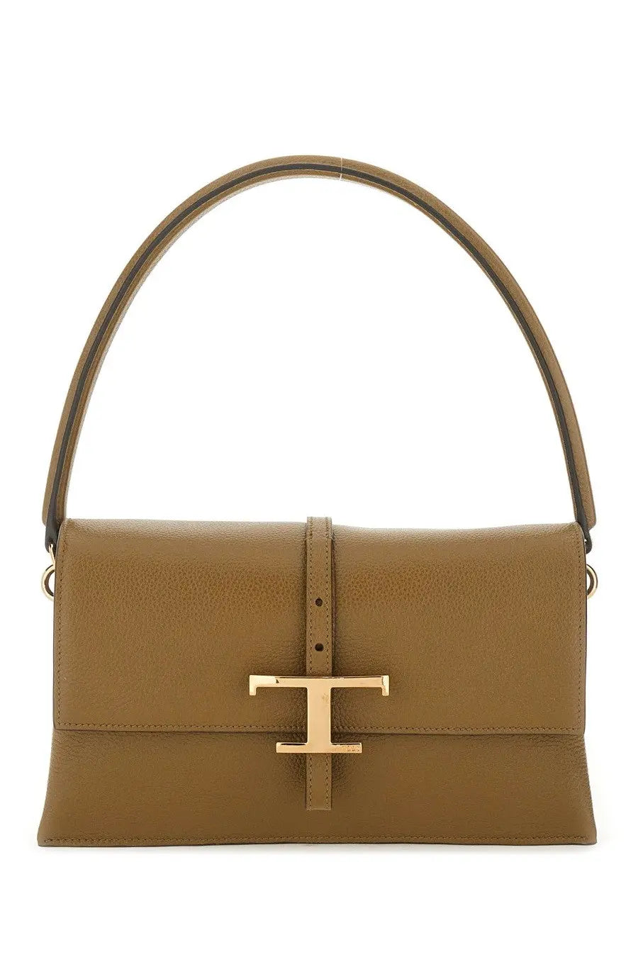 Tod’s women’s flap bag timeless brown tan leather handbag with gold-tone t clasp and matching curved handle