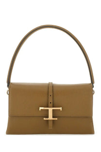 Tod’s women’s flap bag timeless brown tan leather handbag with gold-tone t clasp and matching curved handle