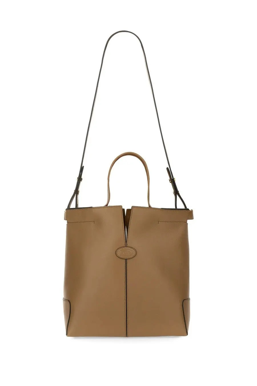 Tod’s women’s beige leather tote bag with tan body black shoulder strap and top handles for everyday use