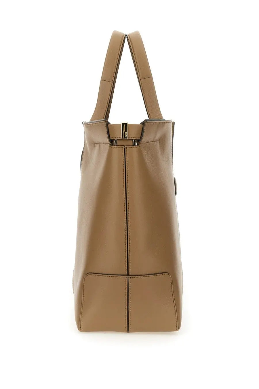 Tod’s women’s leather beige tote bag with structured tan leather design and gold-tone hardware details
